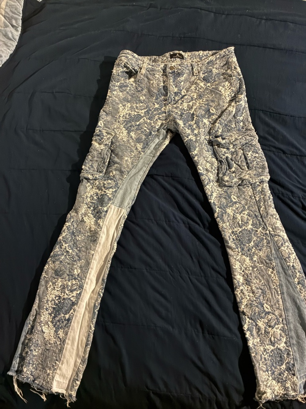 Distressed Blue Cargo Flared Jeans